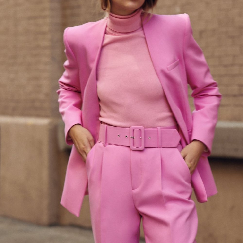 ZARA LAPELLESS FITTED BLAZER and PANTS WITH FABRIC-COVERED BELT